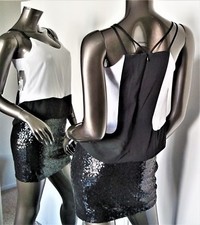 NWT-LAUNDRY BY SHELLI SEGAL BLACK SEQUIN OPTIC WHITE COLOR-BLOCK DRESS 0 MSP$195
