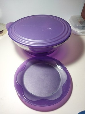 Tupperware Sheerly Elegant  Amethyst Acrylic Serving Bowl with 4 Match Plates M2