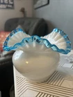 Vintage Fenton Aqua Blue Crest Milk Glass Ruffled 5” Vase