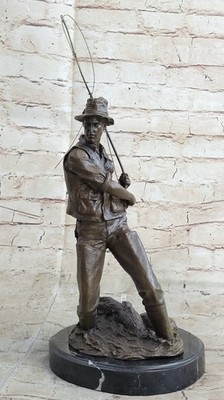 Fisherman Man Fishing Bronze Statue Sculpture Figure Decor 16'' x 8''