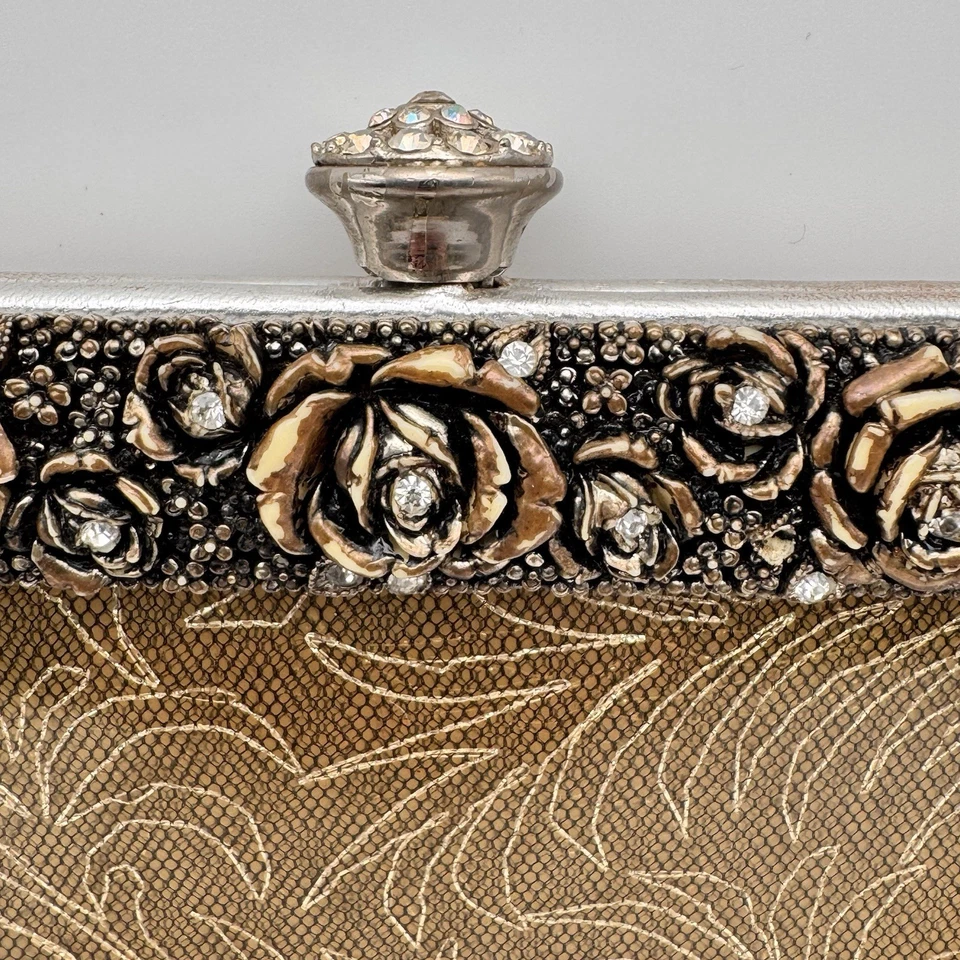 1950s 60s Clear Vinyl Clutch Purse Gold Floral Jeweled Detail Kiss Lock Vintage Foto 4 de 4