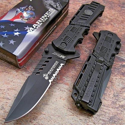 USMC Marine Corps. Black Spring Assisted Blade Tactical Rescue Pocket Knife NEW