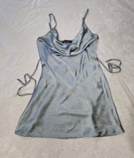 Motel Satin Slip Dress XS Blue Tie Back Cami Mini Y2K Evening Party