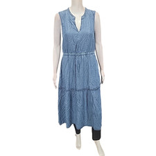 Lands End Women's Blue Sleeveless Tiered Midi Dress Pockets Size Small