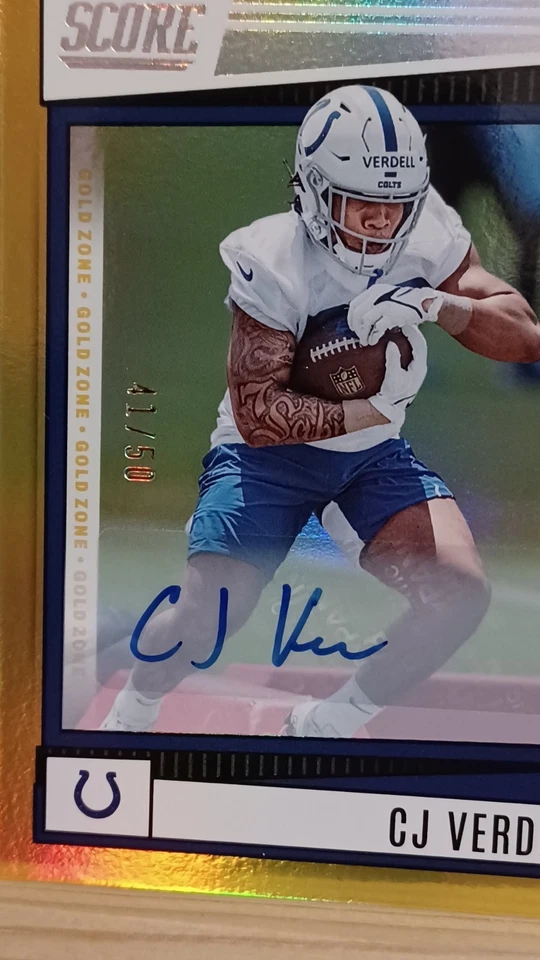 2022 Panini Score Gold Auto RC 41/50 CJ Verdell Indianapolis Colts Football #392 - Image 2 of 4
