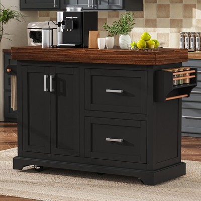 53'' Large Kitchen Island with 3.5'' Thick Desktop, Spice and Towel Racks