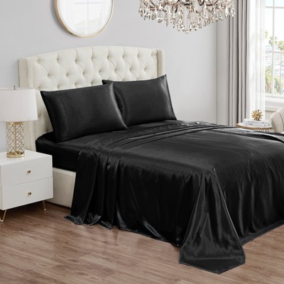 , King Size Silk Satin Bed Sheet Set, Deep Pocket Silky Satin Sheet Set with ...