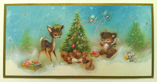 Deer bear decorate tree squirrels sing embossed vtg Christmas greeting card #B7