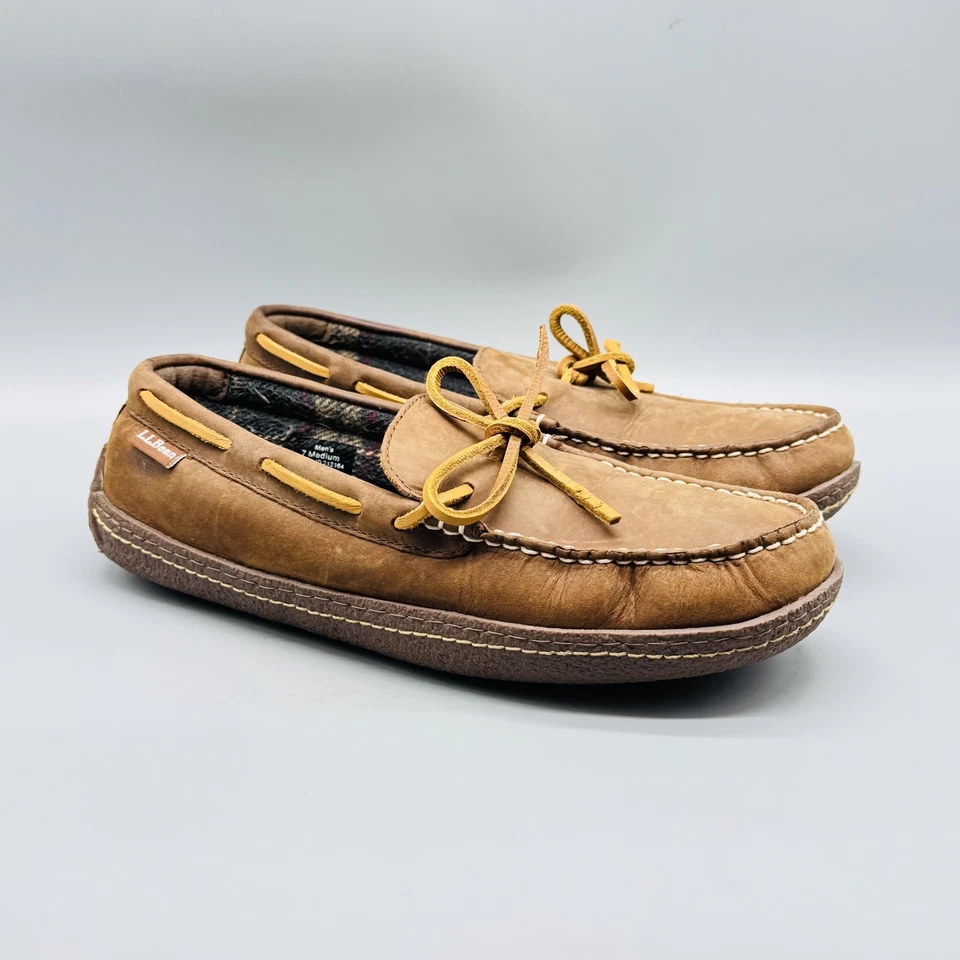 LL Bean туфли мужчин 7 коричневый кожаный фланели с подкладкой мокасины помещении открытый тапочки - Изображение 2 из 4