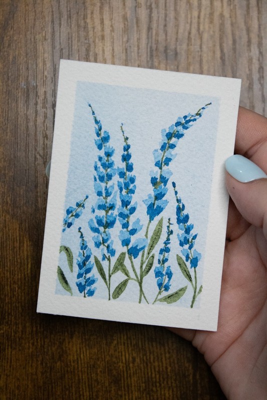 ACEO Original Watercolor Blue Delphinium Flower OOAK Miniature Art Ginni Artigue
