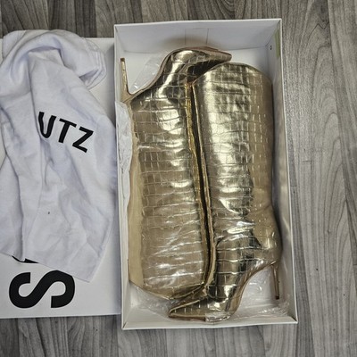 Schutz Maryana Boots Gold Embossed Leather Stiletto Knee High Sz 7.5 B