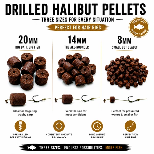 Drilled Halibut Pellets Carp Fishing Bait Hair Rig 8mm 14mm 20mm Pond Friend