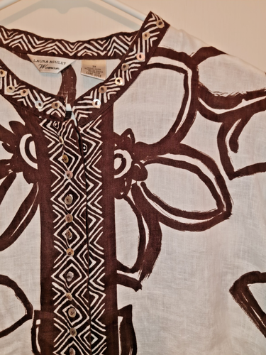 Laura Ashley 100% Linen Button Down Blouse White Brown Floral Size 3X Boho - Picture 2 of 5