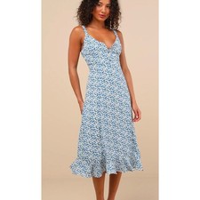 Lulu's Darling Daisies Blue Floral Print Midi Dress