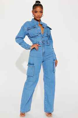 Women Step Back Denim Jumpsuit-Light Wash- FASHIONNOVA -Size M -Style BDB13