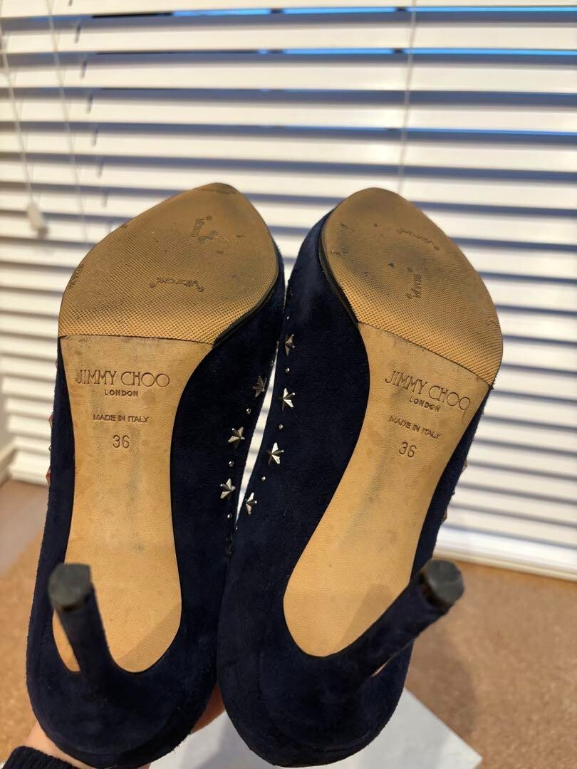 【JIMMY CHOO】ROMY 85ネイビー／シルバー 36 23cm Jimmy Choo Romy 85 Pump Heel Navy Silver Suede Studded EU36