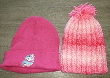 2 girls PINK WINTER KNIT HATS 1 RAINBOW UNICORN TODDLER SIZE 1 hand made NEW