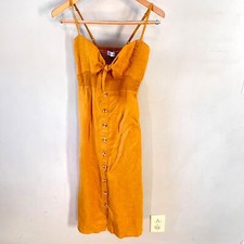 Faithfull The Brand Womens XS Mustard Linen Midi Dress With Bow & Button Detail