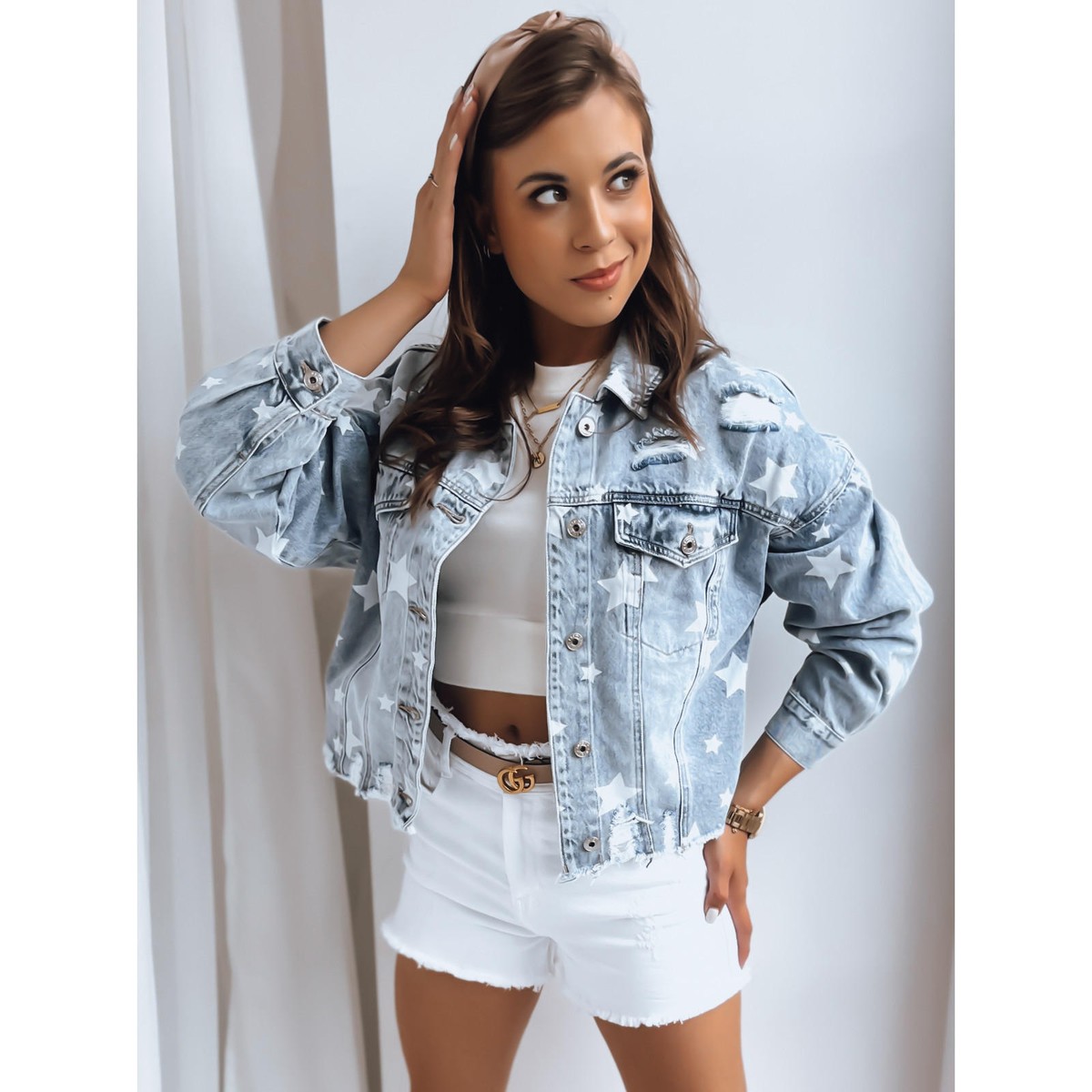 Damen Jeansjacke Übergangsjacke Blau Denim Aufdruck Abrieb DSTREET