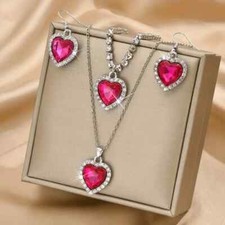 Women's 3Pc Pink Heart Pendant Neckace, Earrings, Bracelet Set Rhinestones