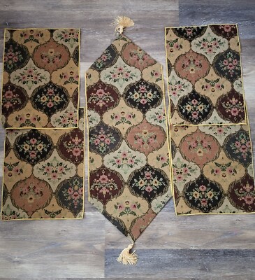 Vintage Tapestry Set Tablerunner & 4 Placemats Beige Brown Pink Unbranded