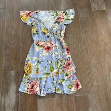 Xhilaration Mini Faux Wrap Dress Women Small Blue Floral Ruffle Hem Short Sleeve