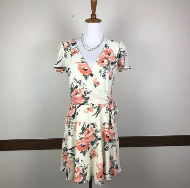 Abercrombie Fitch Women's S Poppy Floral Wrap Dress Cream Lined  SMALL
