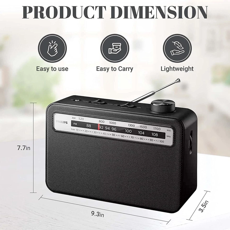 Philips TAR2506 AC/Battery-Operated AM/FM Portable Radio with Speaker, Black - Image 2 of 4