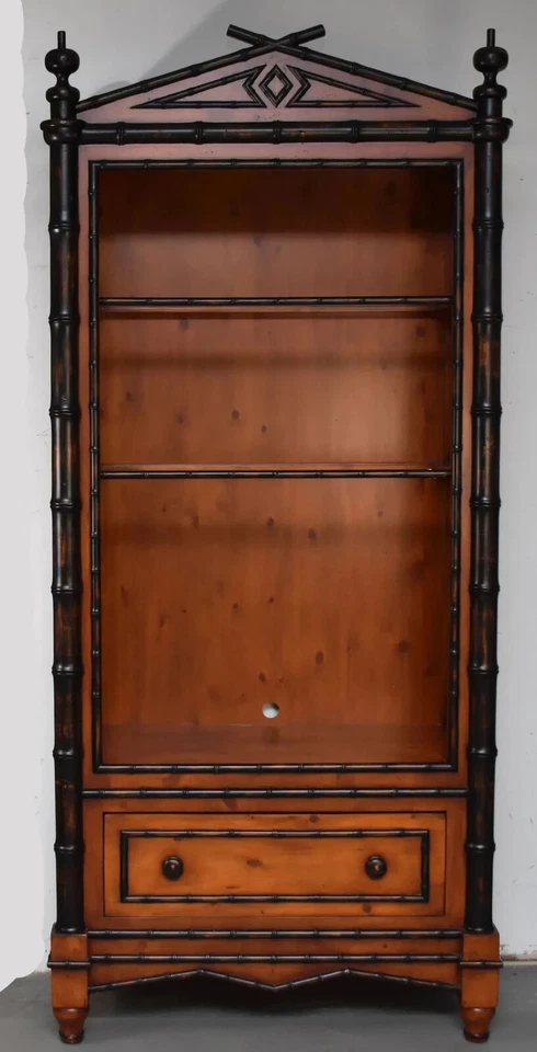 Antique Bookcase/Display Cabinet Pine with Black Bamboo Motif - Image 3 of 4
