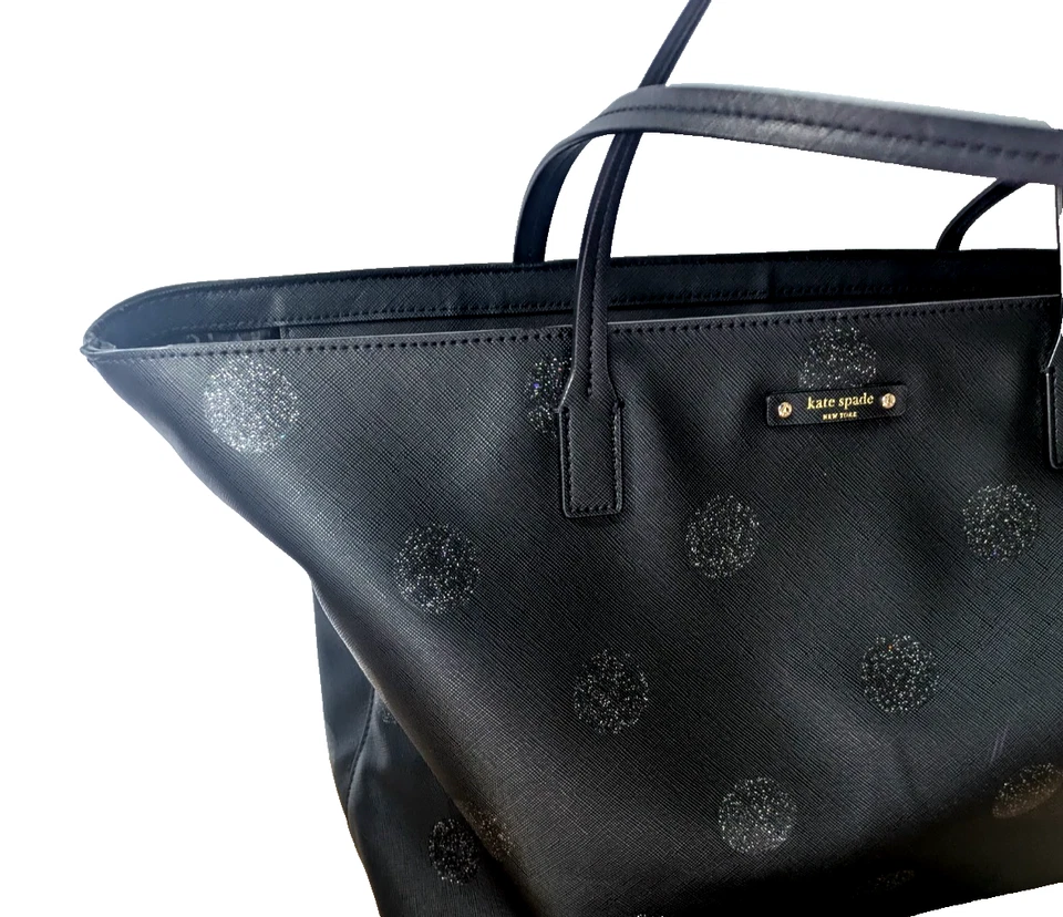 Kate Spade Haven Lane Glitter Polka Dot Black Vegan Large Tote Zip Top New York - Image 4 of 4