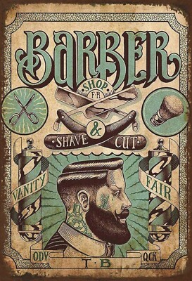 Blechschild 20x30 historisches Werbe Schild Laden BARBER SHOP shave & cut rasier