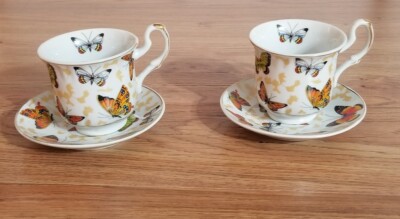 2 Butterflies Teacups & Saucers Unbranded Colorful Ceramic Tea Coffee Butterfly 