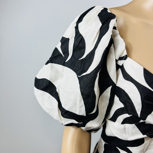 Aere Twist Front Linen Mini Dress Black White Marble Print Size 10 Puff Sleeve - Picture 3 of 19