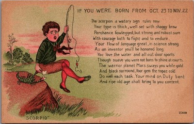 Vintage SCORPIO Zodiac Postcard Boy Fishing Scorpion Astrology c1910s