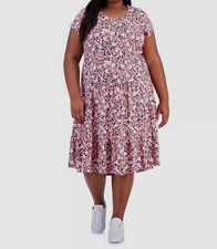 Tommy Hilfiger Women's Pink Floral Tiered MIDI Dress Plus Size 2X