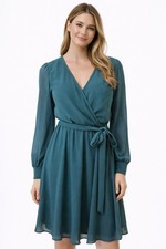 Ricarica Women Dress Green Tie Waist Long Sleeve Faux Wrap Size Large Cocktail