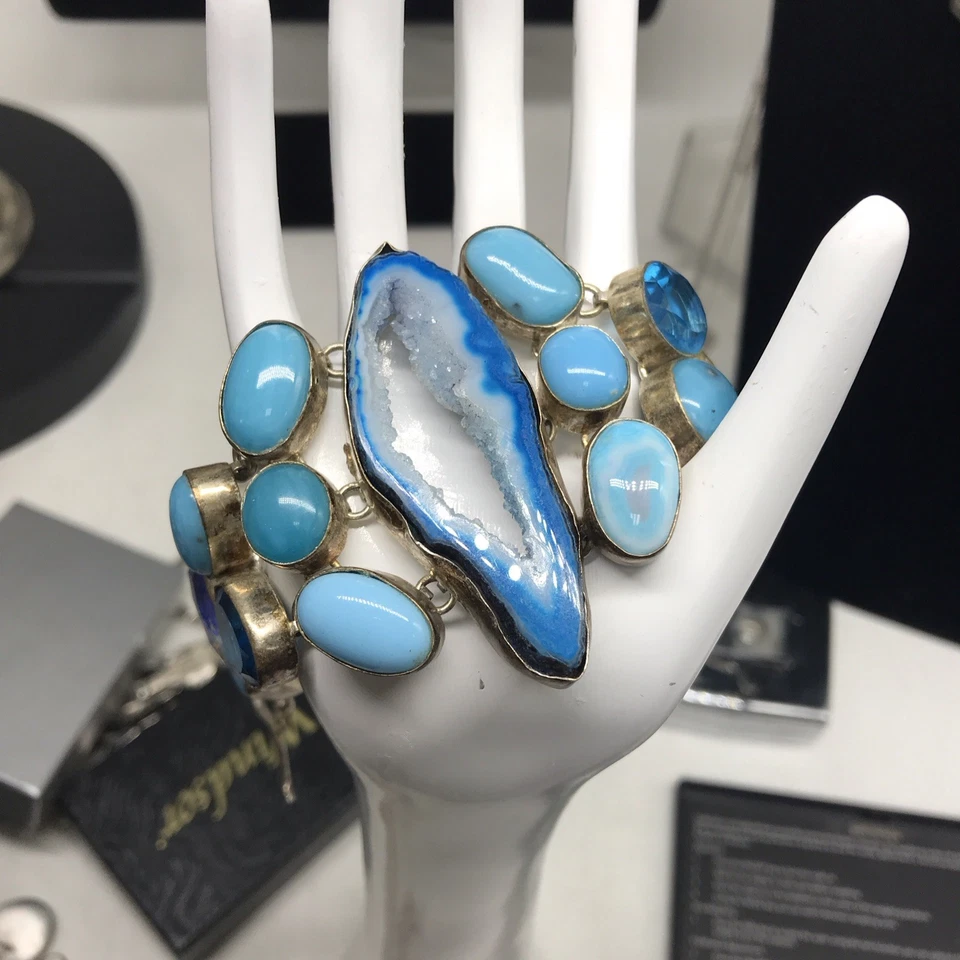 Blue Agate Bracelet & Oval Turquoise Cabochons and Blue Topaz Stones Bracelet - Image 3 of 4