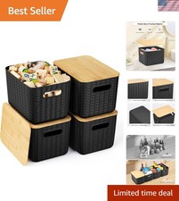 4 Pack Stackable Storage Bins with Bamboo Lids - Stylish Black Organizers