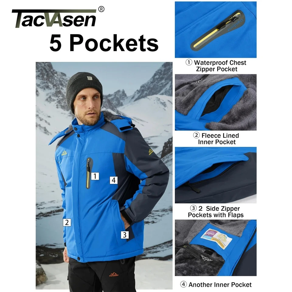 Men's Mountain Ski Snow Jacket Thermal Fleece Winter Wam Hiking Waterproof Coat  - Image 3 of 4