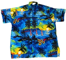 VINTAGE Happy Bay Mens HAWAIIAN ALOHA SHIRT FRONT XL Tropical Boat Theme Button