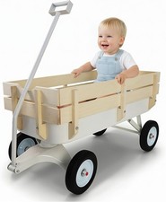 Rugged Steel Outdoor Garden Wagon w/Wooden Sides Solid Tires All-Terrain Hauler