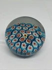 Vintage Murano Millefiori Blue/White/Red Flower Art Glass Paperweight 2.5”