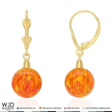 10mm Ball Shaped Orange Fire Opal Leverback Dangle Earrings 14K Yellow Gold