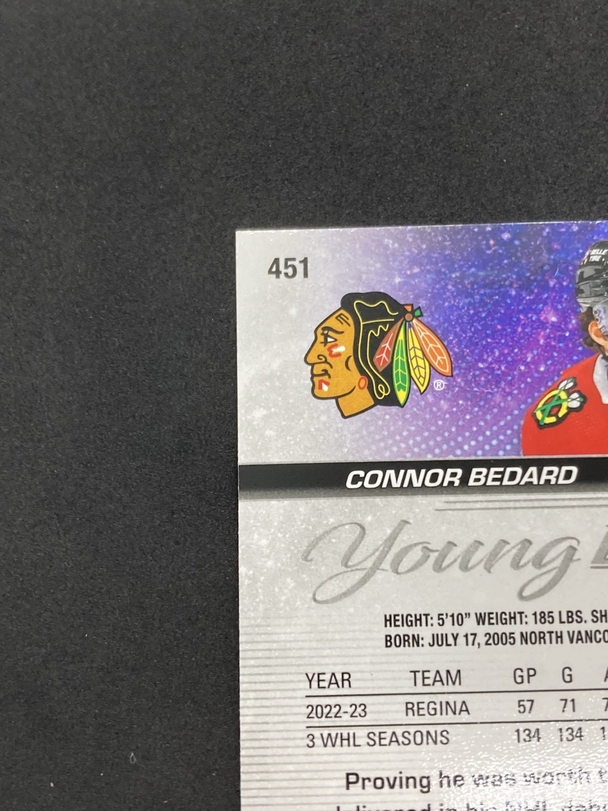 2023 Upper Deck #451 Connor Bedard Young Guns Rookie Rc view 6
