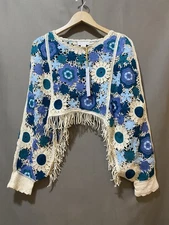 NWT House of Harlow Women Crochet Floral Fringe Crop Poncho Sweater SZ O/S Blue