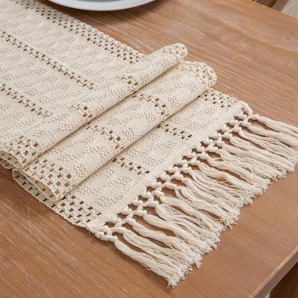 Rustic Woven Cotton Linen Dining Table Runner w/ Tassel Wedding Party Home Decor - Image 2 of 4