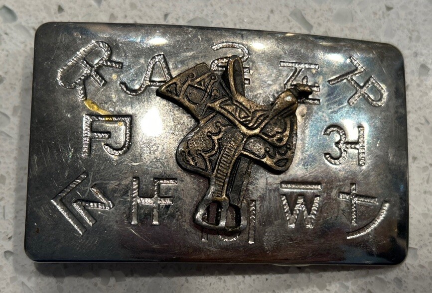 Vintage Chambers Western Style Belt Buckle with Cattle Brand Applied Saddle USA