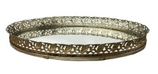 Vintage Oval Mirror Perfume Vanity Tray Goldtone Filigree Trim Around Edge