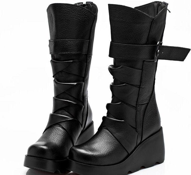 fashion women's round toe buckle mid calf riding boots platform wedge shoes 2018 fashion women's round toe buckle mid calf riding boots platform wedge shoes 2018
