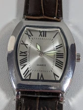 Silver Tone Dial Rectangle Case Black Leather Band Watch